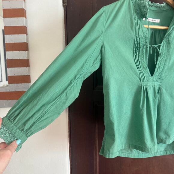 BEAMS | Tendance par Ray Beams Green cotton crochet trim Tie Neck Blouse Medium - Picture 6 of 9